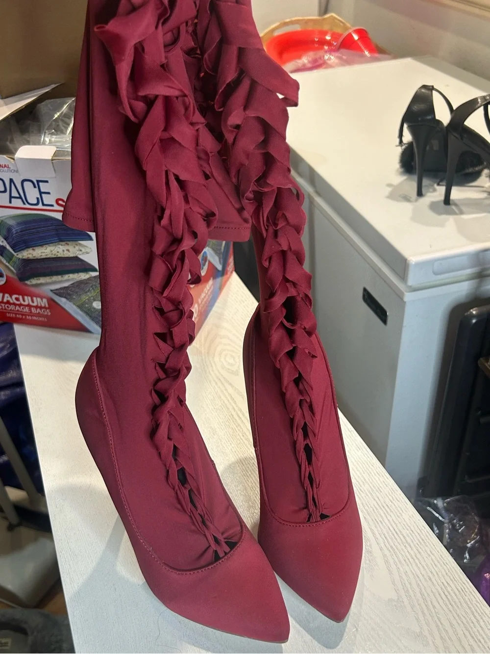 Wine Red Stretch Cutout Over-the-Knee High Heel Boots — Size 8 (Fits Like a 7)